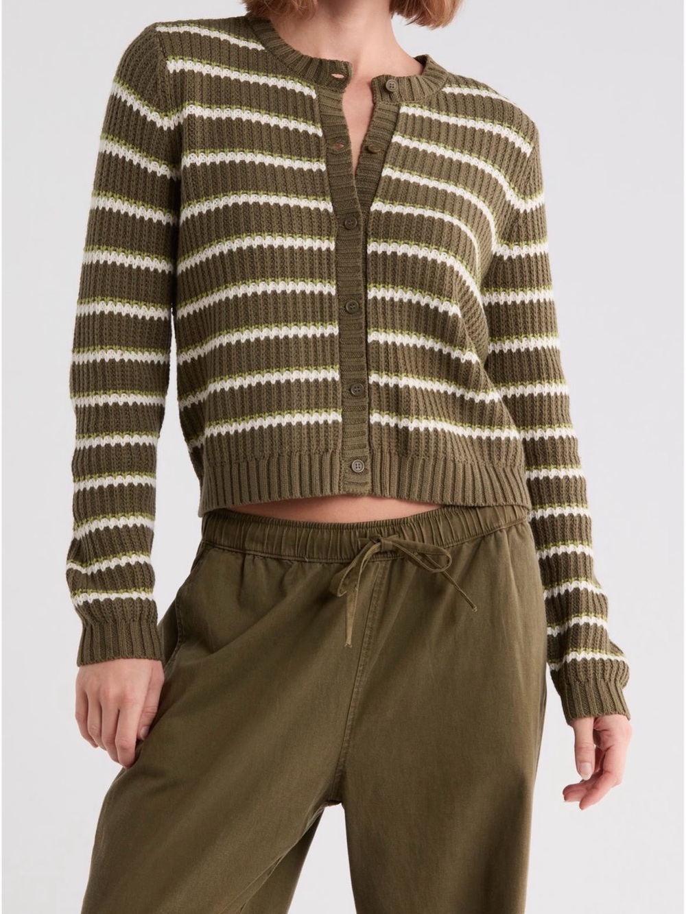 Splendid Striped Olive Knit Button-Down Cardigan Sweater Top